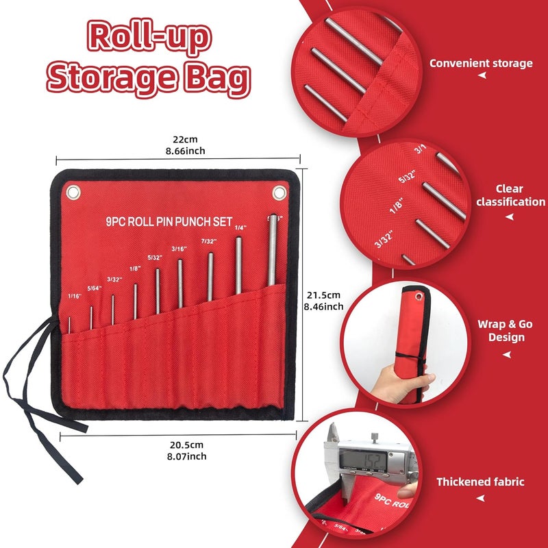 AIMUNOK 9-Piece Roll Pin Punch Set - Precision Steel Punches for Gunsmithing, Watch Repair & DIY (1/16" to 1/4") - Includes Tool Pouch, Ideal for Firing Pin Removal, Nail Punching & Building Projects - Image 4